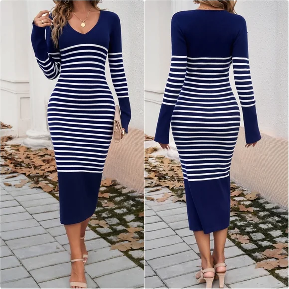 Striped Navy V-Neck Sweater Dress - Picture 4 of 11
